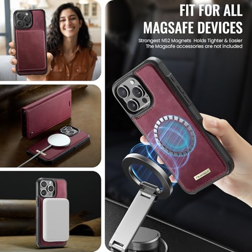 Image of Wallet Case for iPhone 13 Pro Compatible with Magsafe, 2-in-1 PU Leather Flip RFID Blocking Card Holder Stand Shockproof Magnetic Detachable Case for iPhone 13 Pro Case 6.1 inch, Burgundy