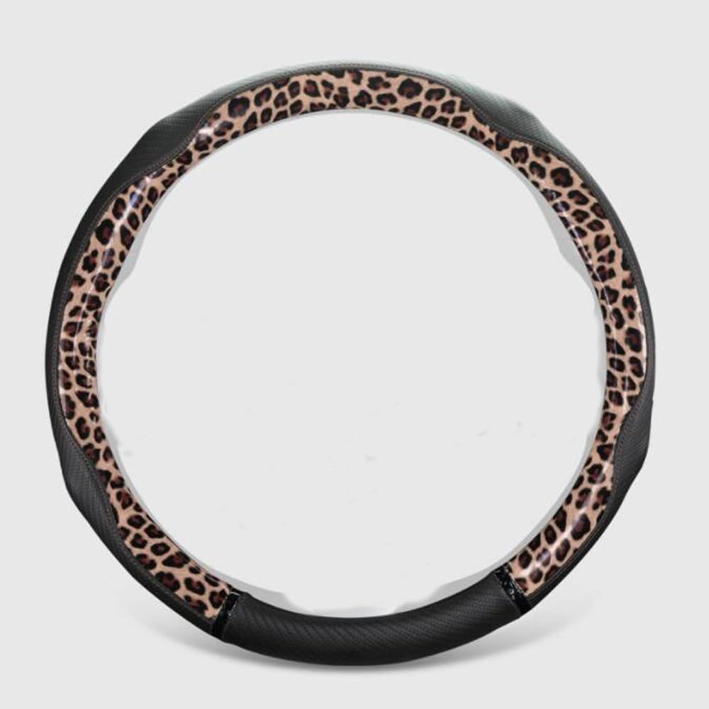 Funda para Volante de Cuero Duradero Antideslizante Transpirable para Las Cuatro Estaciones Universal de 15 Pulgadas (Leopardo-café)