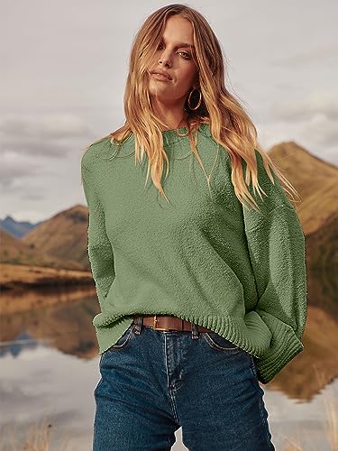 Anrabess Women Sweaters 2023 Fall Fashion Trendy Casual Outfits Tops Long Sleeve Crew Neck Loose Fit Fuzzy Knit Chunky Warm Knitted Pullover Cashmere Clothes 626Junlv-M Army Green #TOP4