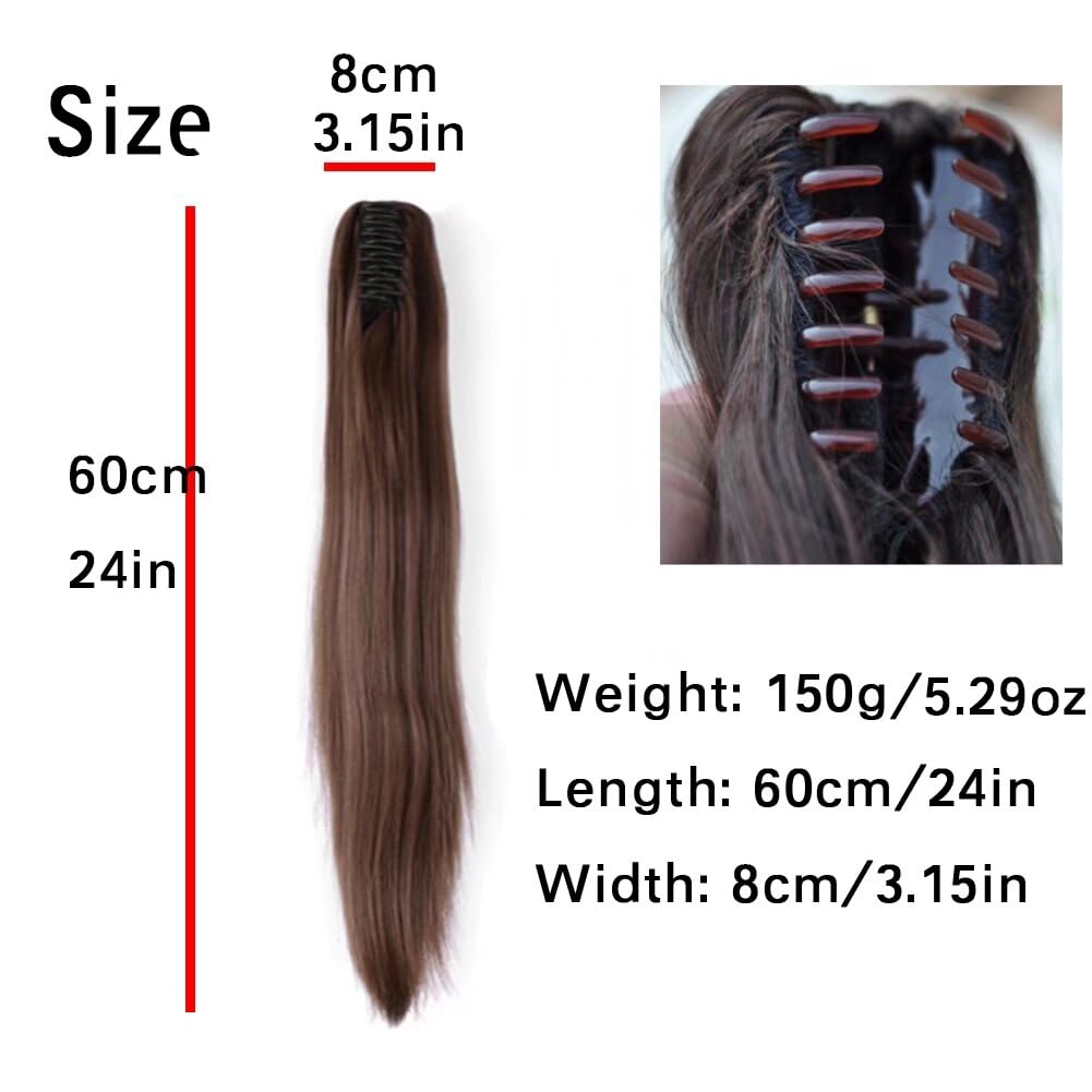 LaLuLoLi Long Thick Claw Jaw Ponytail 150g Straight Synthetic Fashion Grey Color Clip in Pony Tail Hair Extension Extensions Ponytail with Big Claw (24 inches-straight - Image 2