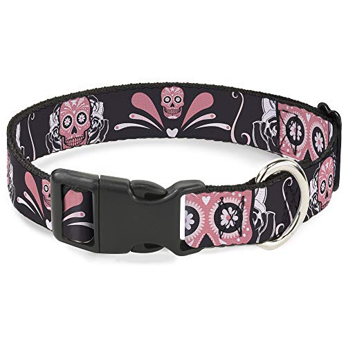 Buckle-Down Plastic Clip Collar - Sugar Skulls Gray/Pink - 1/2' Wide - Fits 8-12' Neck - Medium