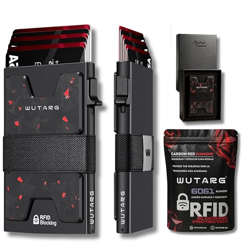 WUTARG Tarjetero Hombre RFID Cartera Slim Metálica, Billetera Minimalista Antirrobo, Clip Billetes, Protección NFC, Regalo Caballero, 12 Tarjetas - Aluminio 6061 (Carbon Red Diamond)