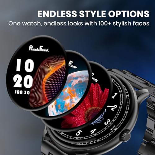 Image of PunnkFunnk Glavito Round Dial Smartwatch 1.49 inch AMOLED Display, Bluetooth Calling, Functional Crown Control, 100+ Sports Modes, IP67, Health Tracking, 100+ Watch Faces for Men & Women (Metal Black)