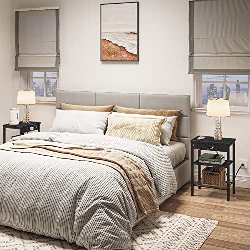 Hoobro End Table Set Of 2 With Charging Station And Usb Ports, 3-Tier Nightstands With Adjustable Shelf, Narrow Side Table For Small Space In Living Room, Bedroom And Balcony, Black Bb112Bzp201 #TOP4