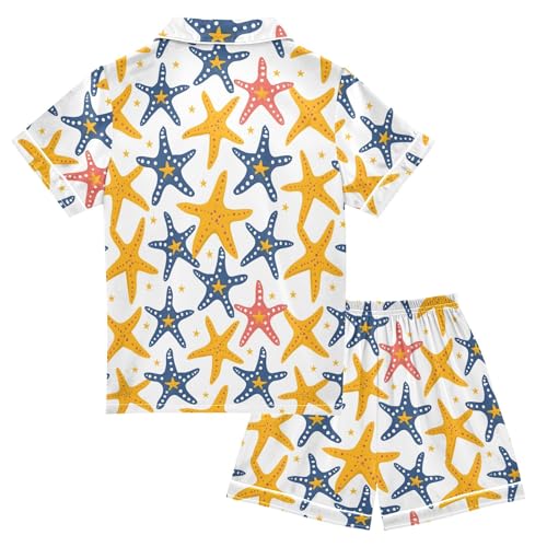Starfish Creative Print Summer Satin Pajama Set, Cute Button-Down Sleepwear Pj Set for Sleep Wears2