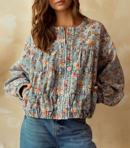 loveimgs Women Retro Floral Denim Jacket Long Sleeves Zip Up Jean Trucker Jackets Patchwork Collarless Jeans Coat Fall Pocket2