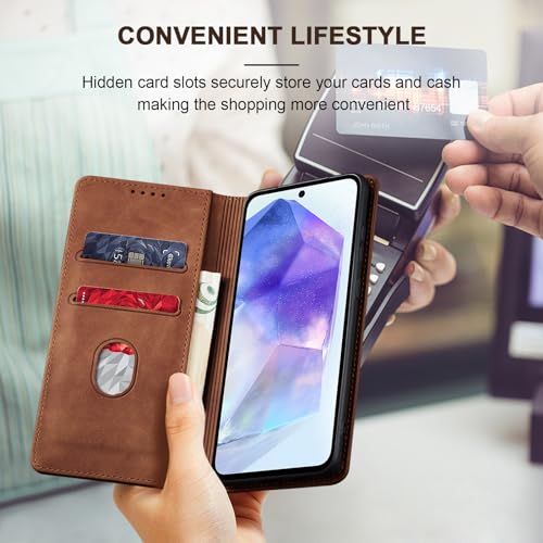Image of Jasonyu Flip Wallet Case for Samsung Galaxy A55,Leather Magnetic Folio Cover with Card Holder,Kickstand - TPU Shockproof Durable Protective Phone Case,Brown