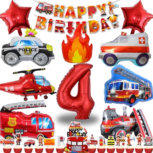Feuerwehr Kindergeburtstag Deko 4 Jahre, XXL Feuerwehrauto Geburtstag Folienballons, Kinder Feuerwehrauto Themen Party Deko, Geburtstagsdeko Junge (Feuerwehr luftballon 4 Jahre)