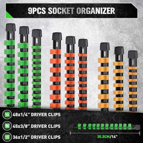 Image of SWANLAKE Organizer Socket Holder, 9PCS 1 /4-Inch x 48 Clips, 3 /8-Inch x 45 Clips, 1 /2-Inch x 36 Clips, Premium Quality Socket Clip Rail Holder
