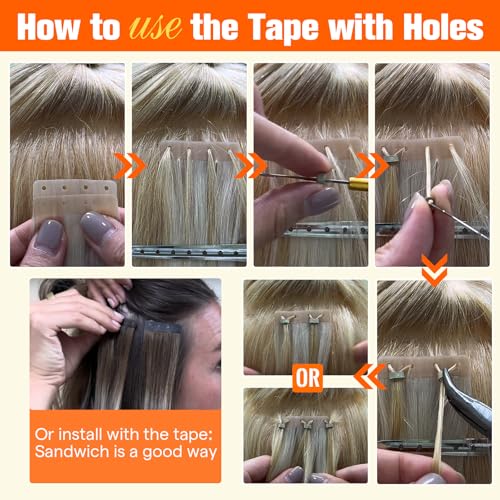 Image of Full Shine Holed Tape in Hair Extensions, Medium Brown Honey Blonde 24 Inch | 50g 20 PCS, Remy Human Hair Extensions Tape In, Invisible Construction, Full Appearance, Party Styling, Straight Texture