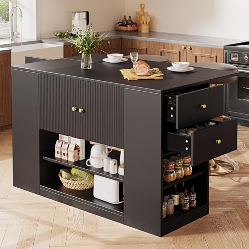 PUGSDRLY Îlot de Cuisine Moderne avec Plateau de Table Pliable,Buffet Meubles de Rangement pour Cuisine et Salle à Manger,3 Portes,2 Tiroirs et Compartiment...