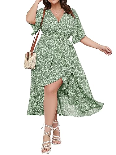 Image of SCOMCHIC Women Plus Size Maxi Dress Short Sleeve Wrap V Neck High Low Split Ruffle Long Dress
