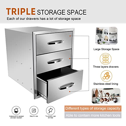 Image of 18''W x 24''H x 23''D Outdoor Kitchen Triple Access Drawers Stainless Steel, Flush Mount BBQ with Handles BBQ Island for Outdoor Kitchens or Patio Grill Station