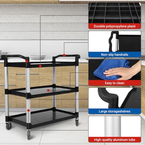 Utility Service Cart 3 Shelf, Plastic Heavy Duty 3-Tier Utility Bus Cart with Wheels Food Service Cart, Rolling Utility/Push Cart for Foodservice/Commercial/Restaurant/Office/Warehouse/Kitchen/Hotel