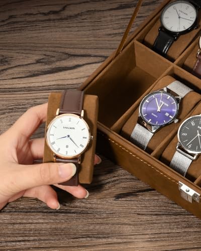 Image of Uten 12-Slot Watch Box, PU Leather Watch Case with Glass Lid, Brown | Watch Jewelry Storage Organizer Display with Velvet Lining, fits Watch Size up to 48mm, Gift for Men and Women, Birthday