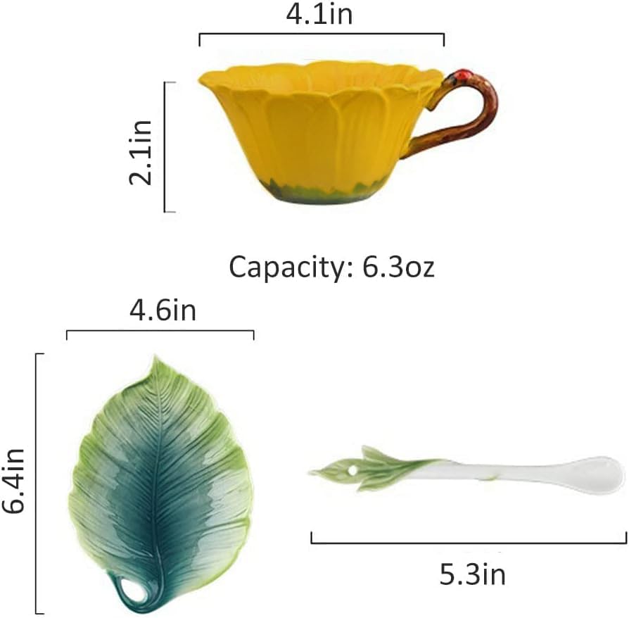 Miniatura 7 de WAYUTO Juego de taza de café y platillo de cerámica 3D con cuchara, taza de café de girasol, taza de té con mango decorativo, tazas florales