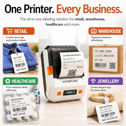 Image of PSF20 58mm Inkless Thermal Portable Printer | Bluetooth & USB Receipt, Barcode & Label Printer for Shops & Retail Use | Mobile & PC Support | 200 Labels Included | Color: Back /White