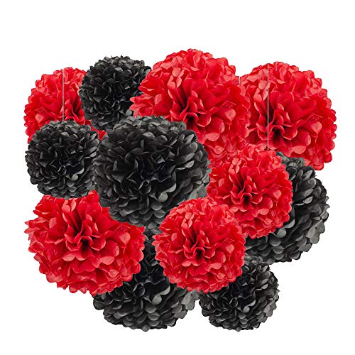 Image of Aimto 12pcs Black and Red Hanging Tissue Paper Pom Poms Decorations for Party Ceiling Wall Tissue Flowers Decorations - 2 Colors of 12 Inch, 10 Inch