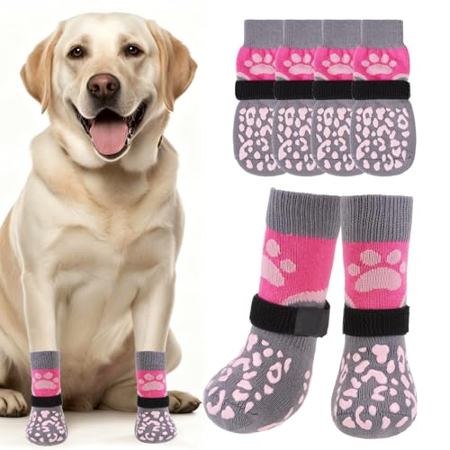 Image of Mihachi Anti Slip Dog Socks, Dog Boots for Hot /Cold Pavement for Hardwood Floors Prevent Licking, Traction Control Waterproof Rubber Sole Paw Protectors for Small Medium Large Senior Dogs, Pink L