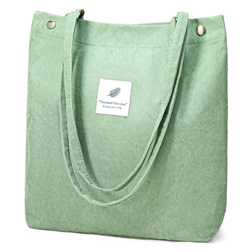 AMXNX Tote Bag for Women Small Cute Corduroy Tote Bag Canvas Cloth Shoulder Bags with Inner Pocket for Work Travel Shopping, Green, L