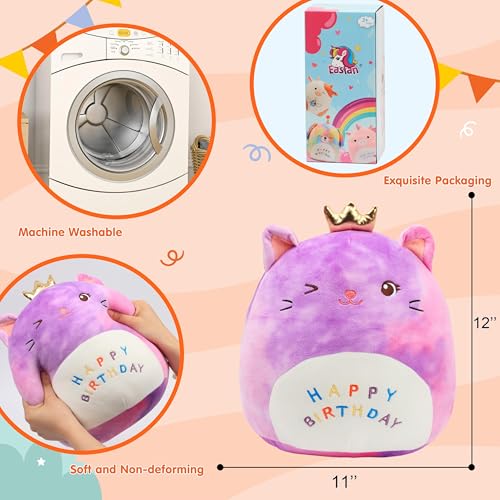 Image of Easfan 12'' Rainbow Birthday Kitty Plush Pillow Soft Cat Plush Toy Cute Kitty Stuffed Animal Home Room Decoration Birthday Gifts for Kids Toddlers