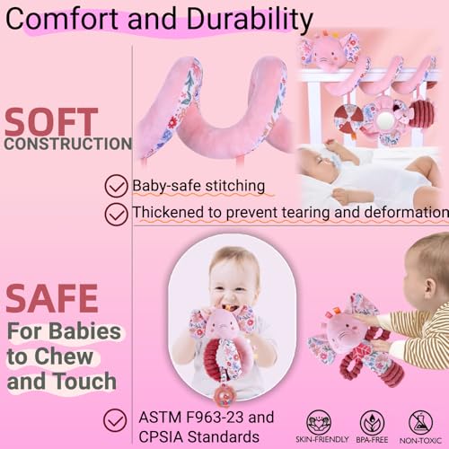Image of Baby Toys 0-6-12 Months Spiral Car Seat Toy, Infant Stroller Hanging Carseat Rattle Stuffed Animal Newborn Girl Boy Accessories Birthday Gift 0-3-4-5-7-8-9 Month Old Mirror Pink Elephant 3PCS