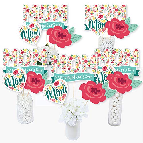 Big Dot of Happiness Colorful Floral Happy Mother's Day - We Love Mom Party Centerpiece Sticks - Table Toppers - Set of 15
