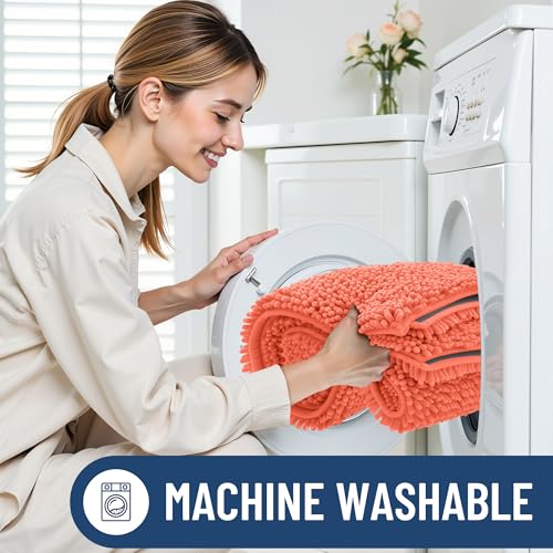 Smiry Luxury Chenille Bathroom Rugs 24x16, Extra Soft and Absorbent Shaggy Bath Mat, Machine Washable, Non-Slip Plush Carpet Runner for Tub, Shower, and Floor, Home Decor Accessories, Coral