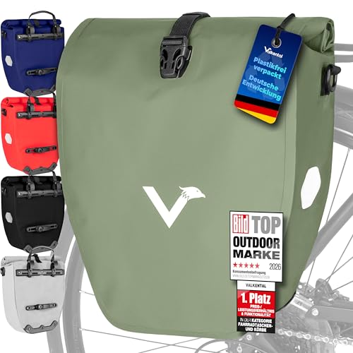 Valkental - Große & wasserdichte Gepäckträgertasche - 20L Füllvolumen - Fahrradtasche für Gepäckträger mit Reflektoren in Natur Grün