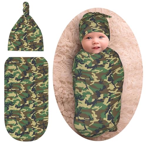 Camo Green Newborn Swaddle Blanket Baby Stuff Baby Swaddling Blanket with Beanie Set Soft for Unisex Girls Boys