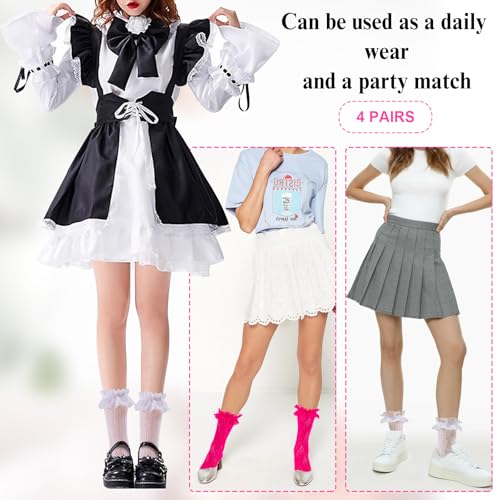 Image of Women Lace Ruffle Socks White Black Frilly Lolita Crew Dress Socks