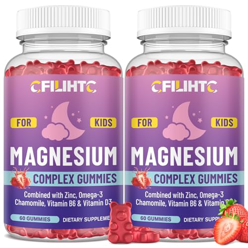 Image of Kids Magnesium Gummies-Magnesium Glycinate Gummies for Kids Supplement-w /Zinc, Chamomile, Omega-3, Vitamin B6, D3 - for Sleep, Relaxation, Brain, Bones, Children's Calm, Sugar Free, 2 Pack Strawberry