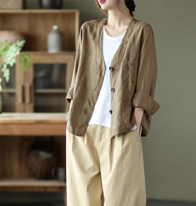 Generico Blazer in Lino da Donna Maniche Lunghe Scollo A V Giacca Blazer Leggera Sfoderata Primavera Estate Casual da Ufficio Cardigan Giacca con Tasche Top Traspirante