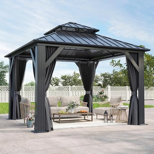 GARTOO 10x10 Outdoor Hardtop Gazebo with Double Roof - Heavy-Duty Steel Top Aluminum Frame Gazebo with Breathable Netting & Privacy Curtain for Patio Porch Garden Lawn Deck Backyard