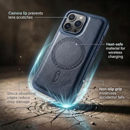 Image of amazon basics Premium PU Leather Case for iPhone 13 Pro, MagSafe Compatible Magnetic Ring, Sleek Protective Back Cover - [Blue]