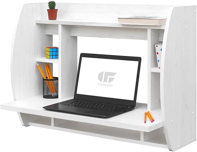 COMIFORT Wall-Mounted Desk - Floating Work Station with Shelving, Sturdy Structure, Modern and Minimalist, Large Spacious Compartments, Nordic Colour