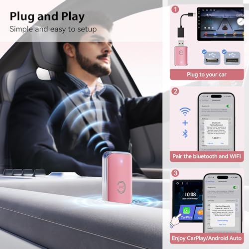 Image of CZOCPOS Wireless Carplay Adapter for iPhone, 2 in 1 Plug and Play Mini CarPlay and Android Auto Adapter for iOS 10 Android 11 and Above, Convert Wired Car Play to Wireless (Pink)