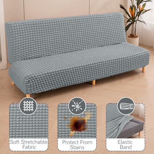 Image of HOKIPO Armless Sofa Cover for Sofa Cum Bed, 280 GSM Stretchable Elastic Futon Slipcover, 'Aria Nova' (Large) Light Grey (AR-6703-LGRY)