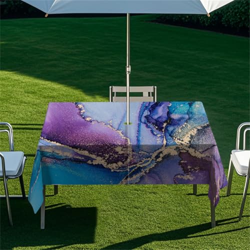 Odot 3D Blau Regenschirm Tischdecke Outdoor, Außenbereich Wasserdicht Rechteckige Tischtuch mit Sonnenschirm Loch und Reißverschluss für Terrasse, Garten, Party,Patio (Treibsand 4,213x152cm)