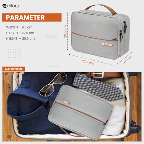 Image of Elfora Double Layer Gadget Organizer Bag | Travel Case for Cables, Charger, Power Bank, Hard Disk & Electronics Accessories | Portable Tech Storage Pouch with Mesh Pockets & Handle Carry Strap (Grey)