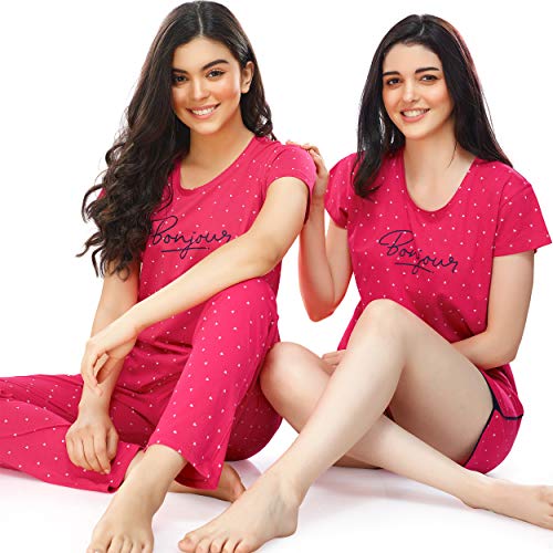 Image of ZEYO Women's Cotton 3Pc'S Heart Printed Night Suit Pajama Set 5357