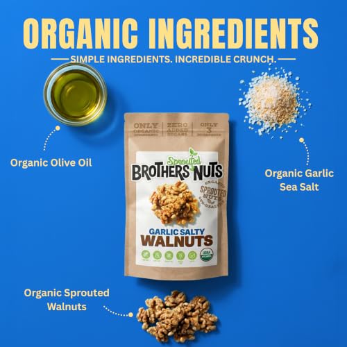 Image of Brothers Nuts Garlic Salty Walnuts - Organic, Sprouted Walnuts - Healthy Keto Snack - Vegan, Gluten-Free, Kosher - No Preservatives - 6 oz (Pack of 5)