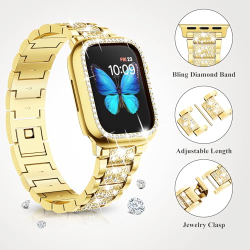 Image of SUPOIX for Apple Watch Band 45mm + Case, Bling Bands for Women (Gold) | Shiny Metal Bands & 2 Pack Protective Cover Cases for iWatch Series 9 /8 /7 45mm