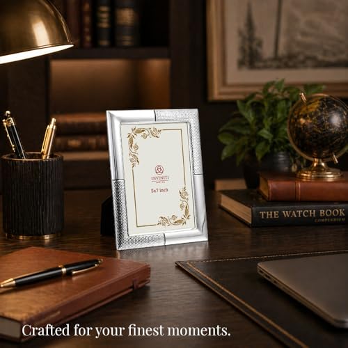 Image of DIVINITI German Silver Photo Frame 5x7 Inch | Luxury Silver Plated Picture Frame for Table & Desk Decor | Elegant Textured Border Design with Stand | Premium Gift Frame for Home & Office