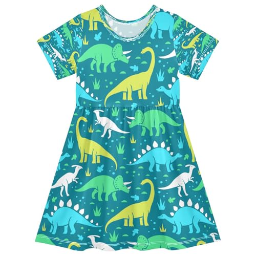 Cute Dinosaurs Girls Dress Short Sleeve Dress Girls' Summer Sundress 5-6T
