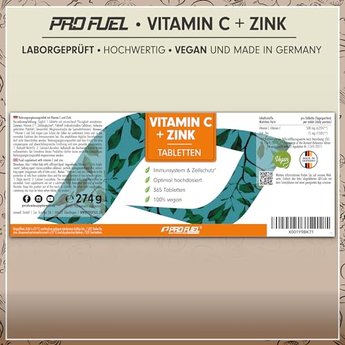 Vitamin C + Zink (365 Tabs) - optimal hochdosiert: 500 mg gepuffertes Vitamin C + 15 mg Zink aus bioverfügbarem Zinkbisglycinat - Immunsystem & Zellschutz - laborgeprüft mit Zertifikat - 100% vegan