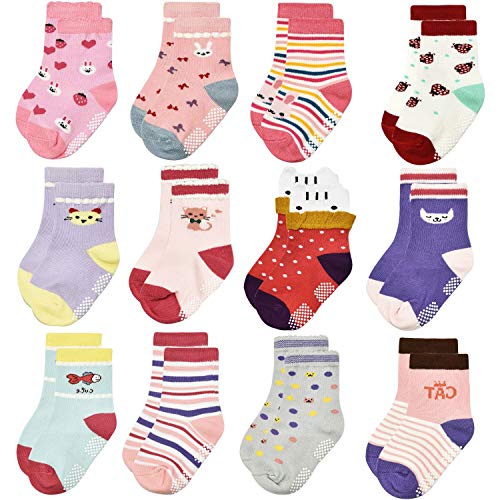 Image of Tphon 12 Pairs Toddler Non Skid Socks with Grips Anti Slip Bottom, Cotton Non Slip Ankle Crew Socks for Boys, Girls, Kids(1-7Years)