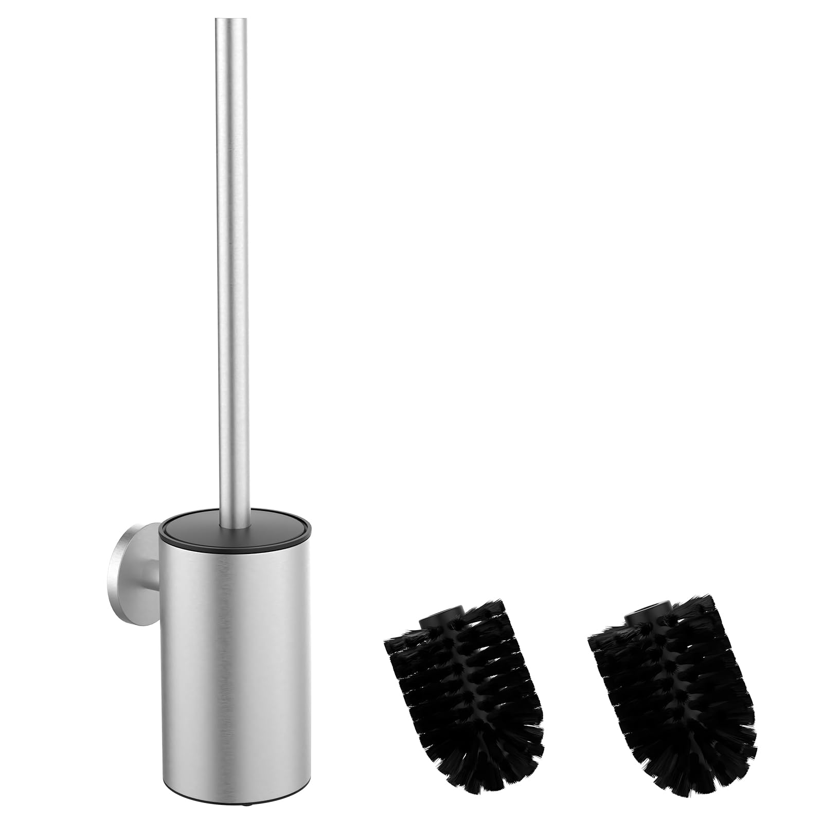 Spazzola per WC in acciaio inox 304, set per WC con montaggio a parete e porta scopino – Include 2 testine (Round Silver)