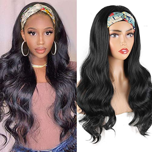 LEOSA Long Headband Wig Body Wave Wig Headbands for Women,Black Headband Wig Synthetic Hair Band Wig Natural Black None Lace Wig for Black Women Body Wave Wigs with Headbands Black Wig