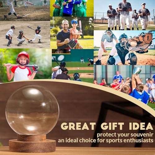 Image of JupDec Baseball Display Case, Round Clear Ball Holder with Wooden Base, Autograph Baseball Stand Box for Single Ball, Acacia Wood, Brown